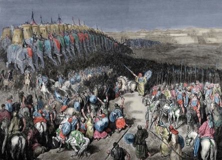 Bible. Old Testament. Judas Maccabeus before the army of Nicamor. Macc II, 15. Colored engraving.
