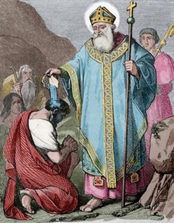Saint Martial was the first bishop of Limoges in today's France. Died 1st or 3rd centuries. Engraving. Colored.