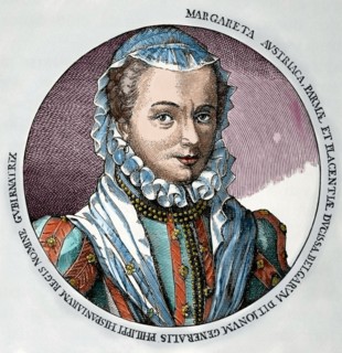 Margaret of Parma (1522-1586). Governor of the Netherlands from 1559-1567 and from 1578-1582. Engraving. Colored.