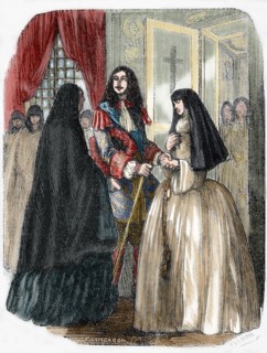 Louis XIV and his mistress Louise de La Valliere (1644-1710). Engraving. Colored.