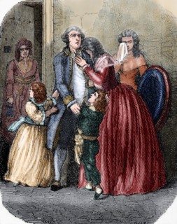 Louis XVI (1754-1793) taking leave of his family. Engraving. Colored.