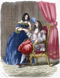 Louis XIV and his mistress Madame of Montespan (1640-1707). Engraving. Colored.