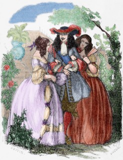 The young king strolling with the Mancini sisters, nieces of Cardinal Mazarin. Engraving. Colored.