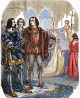 Marriage of Louis XI of France (1423-1483) by Margaret Stuart of Scotland. Engraving. Colored.