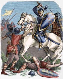 Louis VI (1081-1137) at the Battle of Brenneville, 1119. Engraving. Colored.