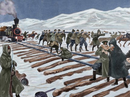 Russo-Japanese War (1904-1905). Construction of a railroad across the ice on Lake Baikal. Colored engraving.