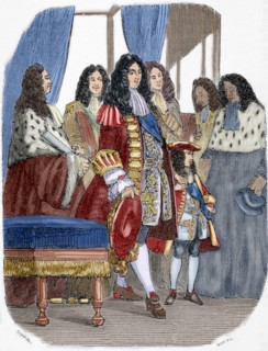 The Regent Philippe of Orleans (1674-1723) with Louis XV (1710-1774). Engraving. Colored.