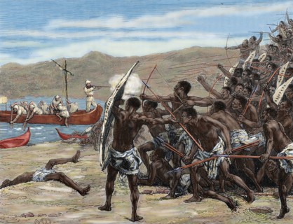 Africa. Explorers confronting with natives of Bumbireh Island. Engraving. Colored.