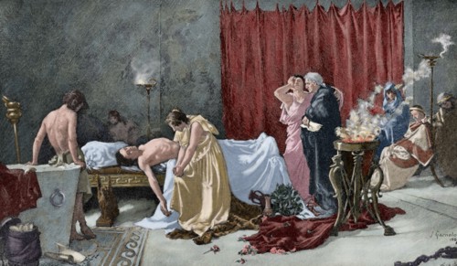 Death of Lucan (39-65 AD). Engraving. Colored.
