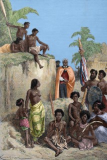 King Kamehameha I (1758-1819) and his warriors. Engraving, 1880. Colored.