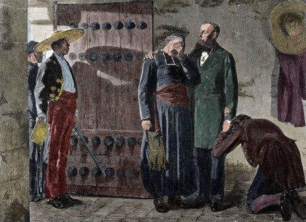Maximilian I (1832-1867). Last moments of Emperor. Engraving. Colored.