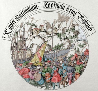 War of the Succession of Landshut (1503-1505). Siege of Kufstein (1505). Engraving. Colored.