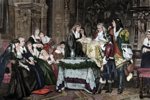 The posthumous baptism. Engraving. Colored.