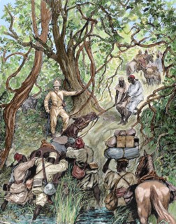 French expedition opens way into the Nieniya mountains, Sudan, 1893. Engraving. Colored.