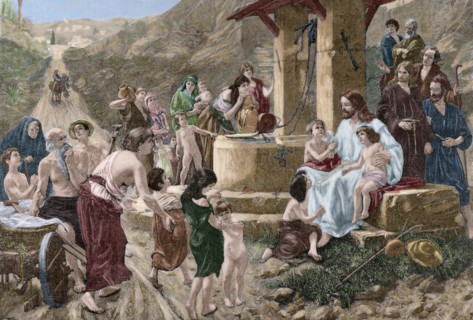 Jesus blessing the children. Engraving. Colored.