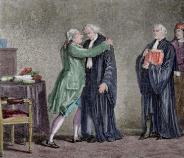 Meeting between Louis XVI and the Minister Lamoignon-Malesherbes Engraving. Colored.