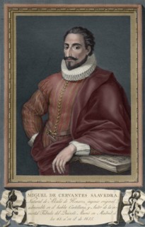 Miguel de Cervantes (1547-1616). Colored engraving.
