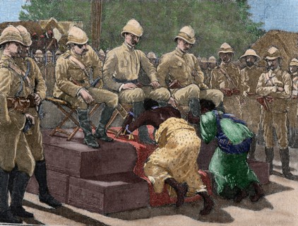 Act of submission of Ashanti king Prempeh before the British representative. Engraving, 1901. Colored.