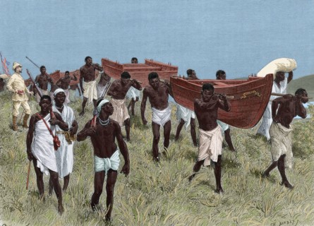 The porters of Lady Alice. Engraving. Colored.