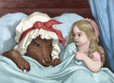 Charles Perrault (1628-1703). French writer. Little Red Riding Hood. Engraving by Gustave Dore. Colored.