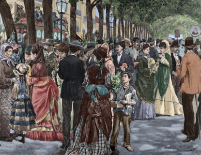 Spain. Barcelona. La Rambla de las Flores (Rambla of the Flowers). Engraving. Colored.