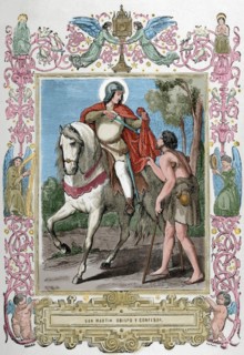 St. Martin of Braga (520-589) sharing his cloak with a beggar. Engraving. Colored.