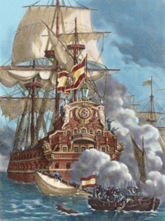 The Brethren or Brethren of the Coast attacking three Spanish galleons.
