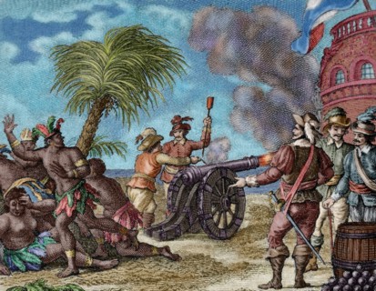 The ruler of Hornos island is surprised by the firing of a cannon.