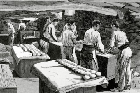 Campaign ovens set up by the military administration. Breadmaking.