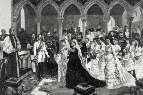 The Queen Victoria I of England at the wedding of the Princess Beatrice and Prince Henry of Battenberg.
