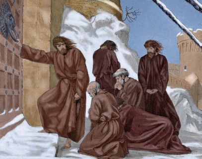 The Holy Roman Emperor Henry IV at the entrance of the castle of Canossa.