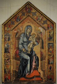 Madonna and Child Enthroned with hagiographical scenes in stamps.