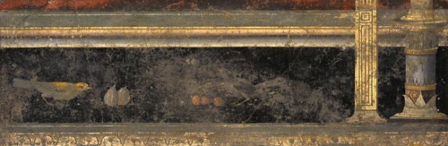 Roman fresco depicting a baseboard with birds and fruit.