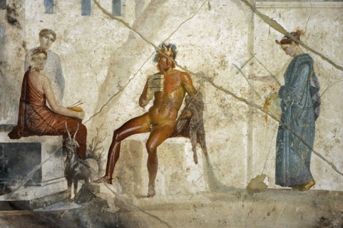 Roman fresco depicting Pan playing the double flute with a nymph playing the lyre and two other nymphs accompanying them.