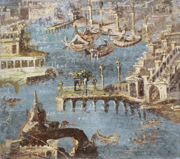 Panorama of a port, usually identified with that of Pozzuoli.