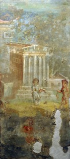 A Nilotic scene with pygmies taking offerings to a temple.