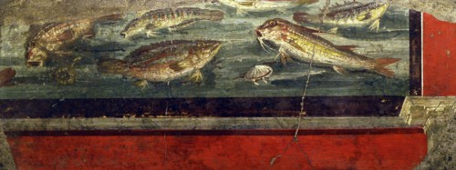 Marine bottom with fish (red mullet, sea bass and mullet) and seafood.