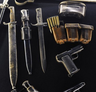 Bayonets for Mauser rifle, Cartridge case for the committee rifle model 1888, Cartridge case and bullets to the Mauser rifle model 1898, Germany and Zebra pistol model 1916.