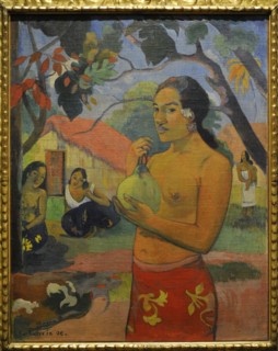 Where are you going? Woman holding a fruit.