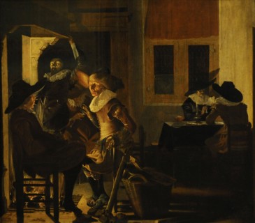 Soldiers beside a fireplace.