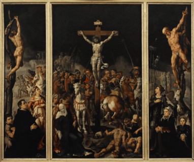 Jesus crucified in the central panel.