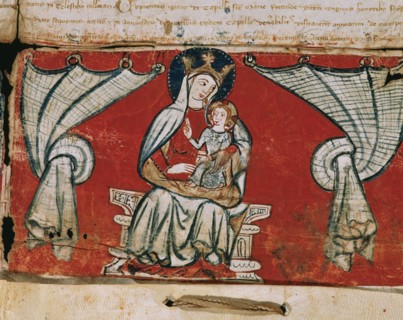 Concession indulgences of the Virgin from La Rodona in Vic. 1342. Miniature. Virgin and child. Spain.