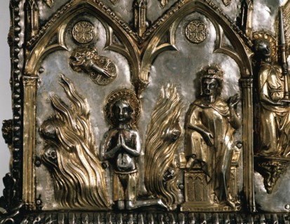 Reliquary casket of Saint Cucuphas. Wooden gilded silver. 14th Century. Detail. Saint Cucuphas in a bonfire from where demons are fleeing. Over the Saint, the Hand of God (dextera domini) while Maximi...