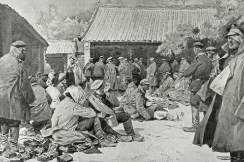 Russian soldiers wounded and convalescing in a village in Manchuria.