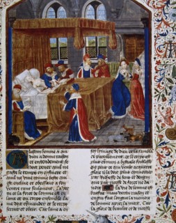 Caesarean section. Miniature. Faits de Romains (Acts of Romans)  Medival Work. 1213-1214.