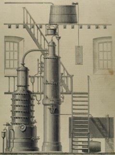 Egrot apparatus. Alcohol destillation. Exposition of Paris, 1878. Engraving by Victor Rose.