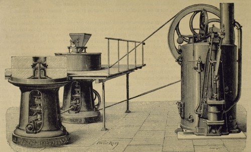 Mill and installation for grinding. Engraving by Decreef. La Ilustracion Espanola y Americana, 1878.