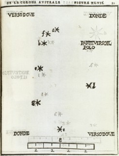 Corona Australis, constellation. Hemisphere. Engraving, 1559. Dele Stelle Fisse by A.Piccolomini