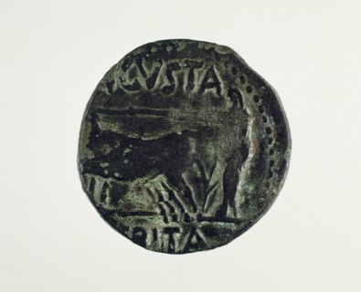 Roman coin. As. Reverse. 1st century BC. Decoration: Merida foundation. Oxen guided by a priest. Merida (Augusta Emerita).