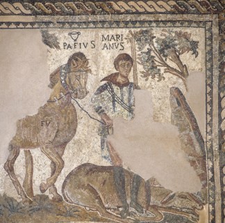 Roman mosaic. Hunter with dead deer. Merida (Augusta Emerita). Spain.